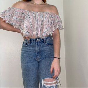 Off the Shoulder Striped Fringe Crop Top